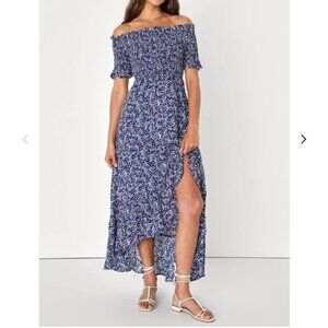 Fleur-tation Navy Blue Floral Print Off-the-Shoulder Midi Dress